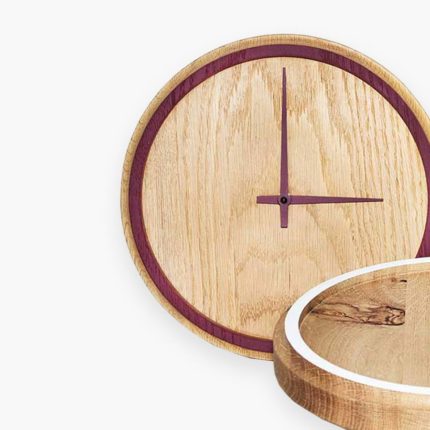 Wooden wall clock with purple accents.