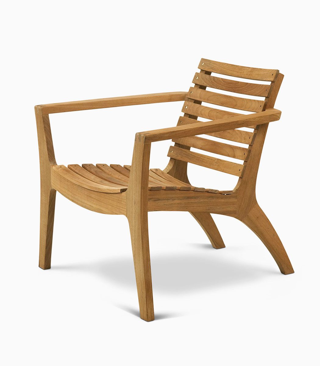 Wooden chair with slatted back and seat.