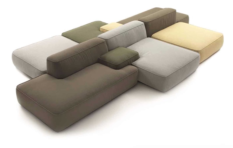 Modular sofa with various colored cushions.