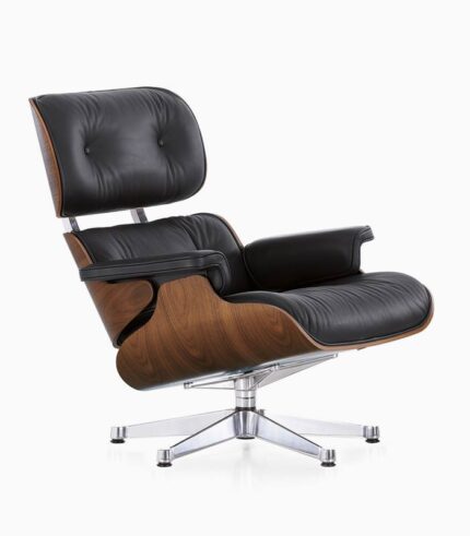 Black leather and wood lounge chair.