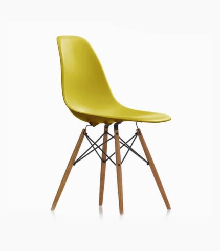 Yellow modern chair with wooden legs.