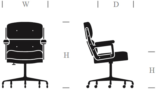 Office chair dimensions illustration, front and side.