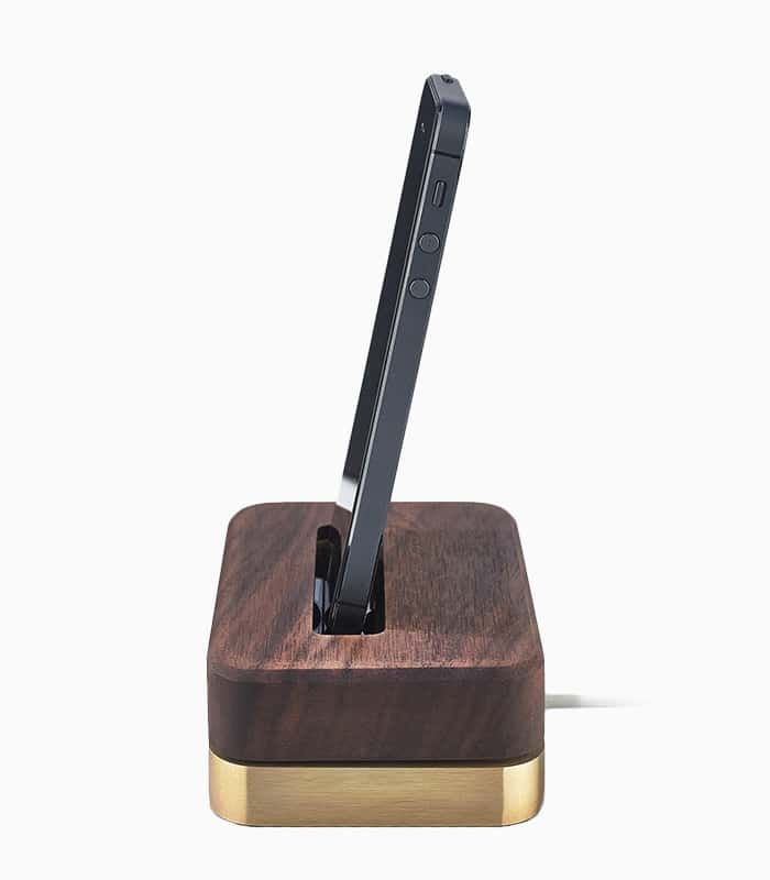 Wooden phone dock with brass base.