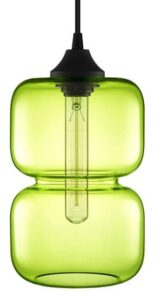 Green glass pendant light with visible bulb.