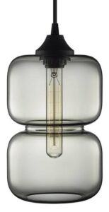 Modern glass pendant light with visible bulb.