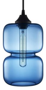 Blue glass pendant light with bulb inside.