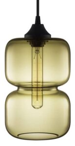 Modern pendant light with amber glass shade.