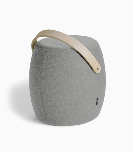 Gray fabric stool with wooden handle.