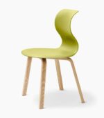 Green modern chair with wooden legs.