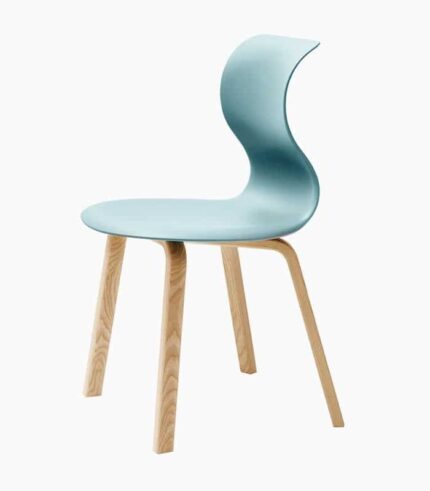 Modern chair with curved blue seat.