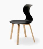 Black modern chair with wooden legs.