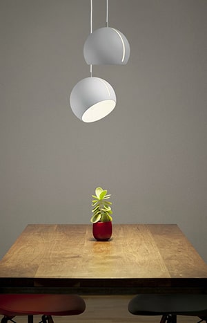 Table with plant and hanging lights.