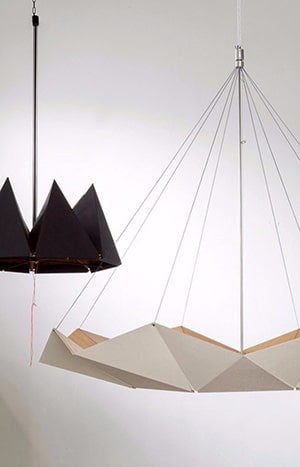 Geometric pendant lamps in black and white.