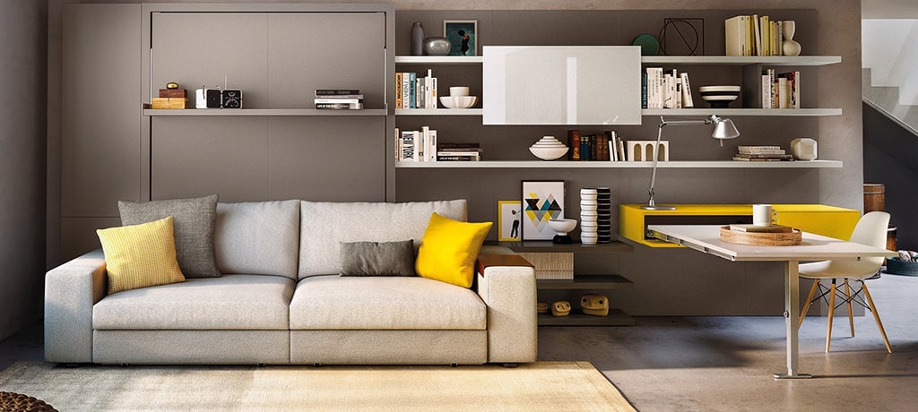 Modern living room with sofa and shelves.