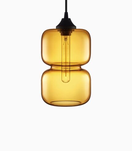 Amber glass pendant light with bulb.