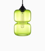 Green glass pendant light with black fixture.
