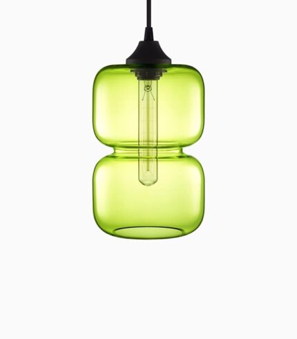 Green glass pendant light with black fixture.