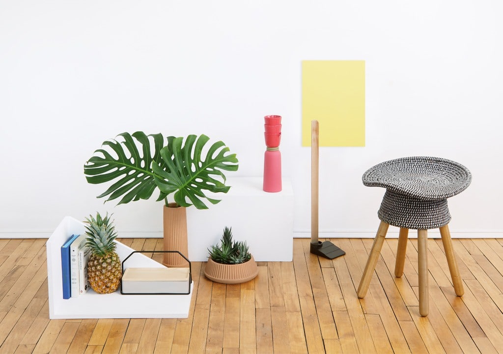 Modern decor with plants and geometric elements.