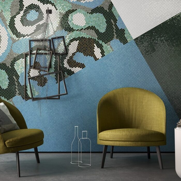 Two chairs with abstract wall art design.