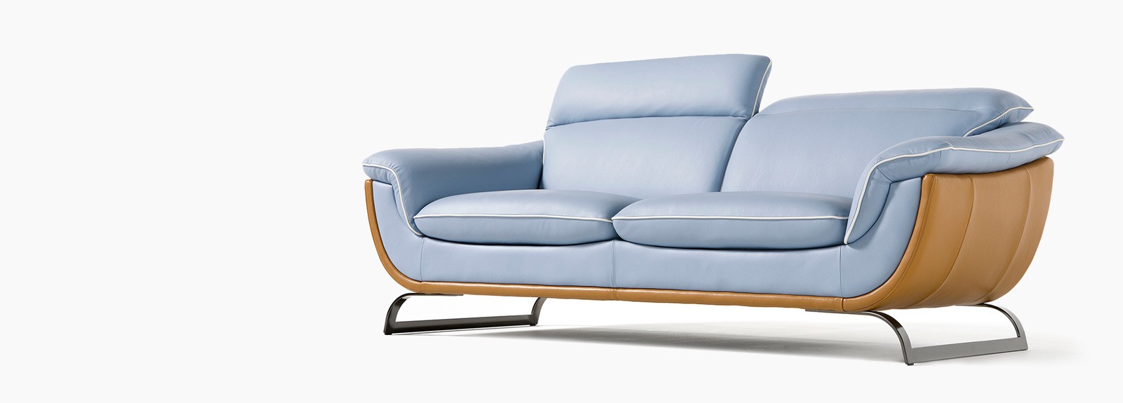 Modern blue and brown sofa on display.