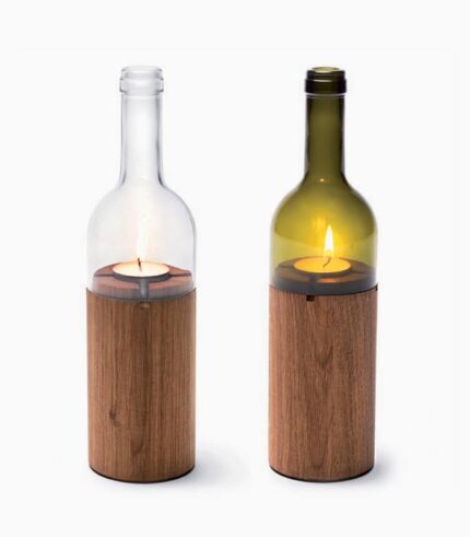 Wine bottle candle holders with wooden base.
