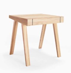 Wooden square table with four legs.