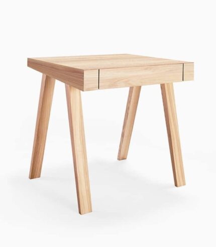 Wooden square table with four legs.