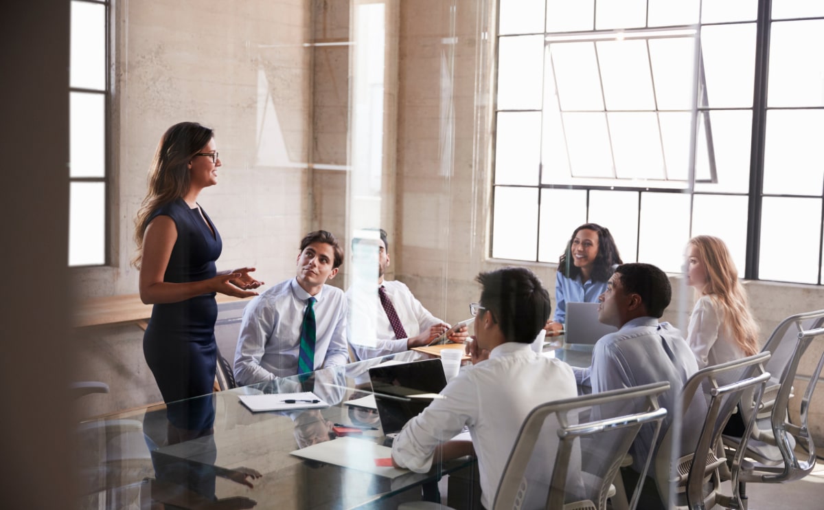 Business meeting with woman presenting to colleagues.