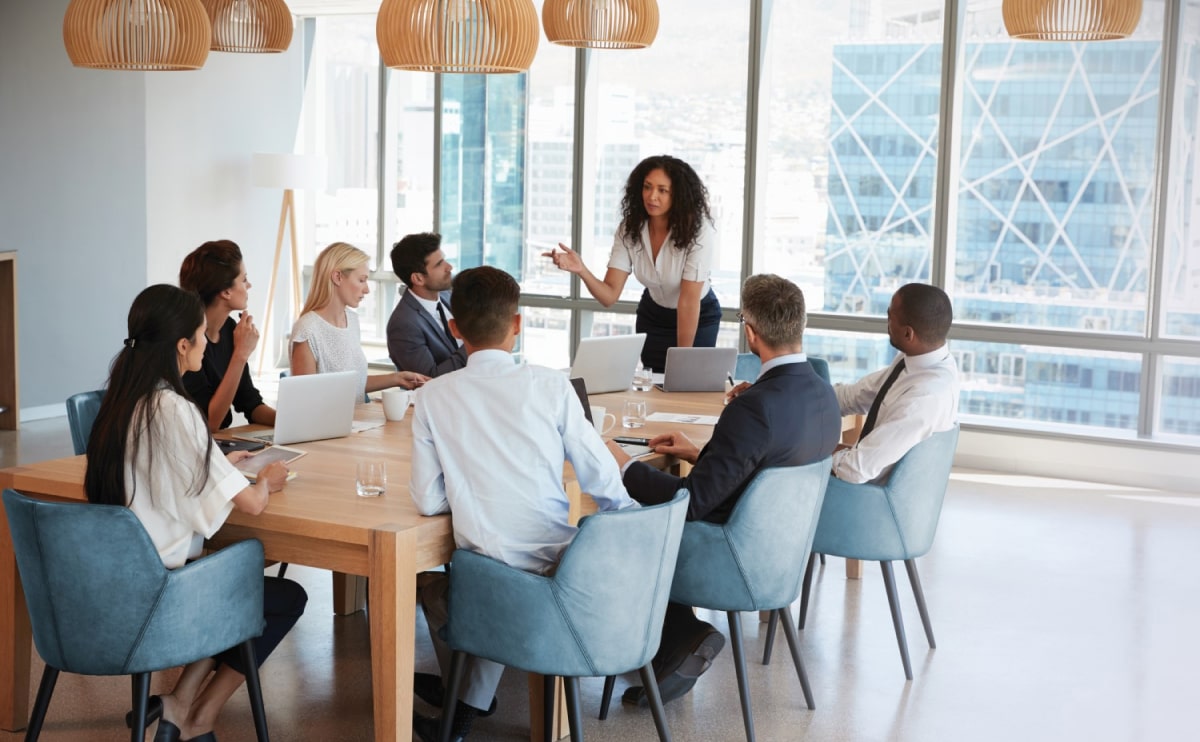 Business meeting in modern conference room.